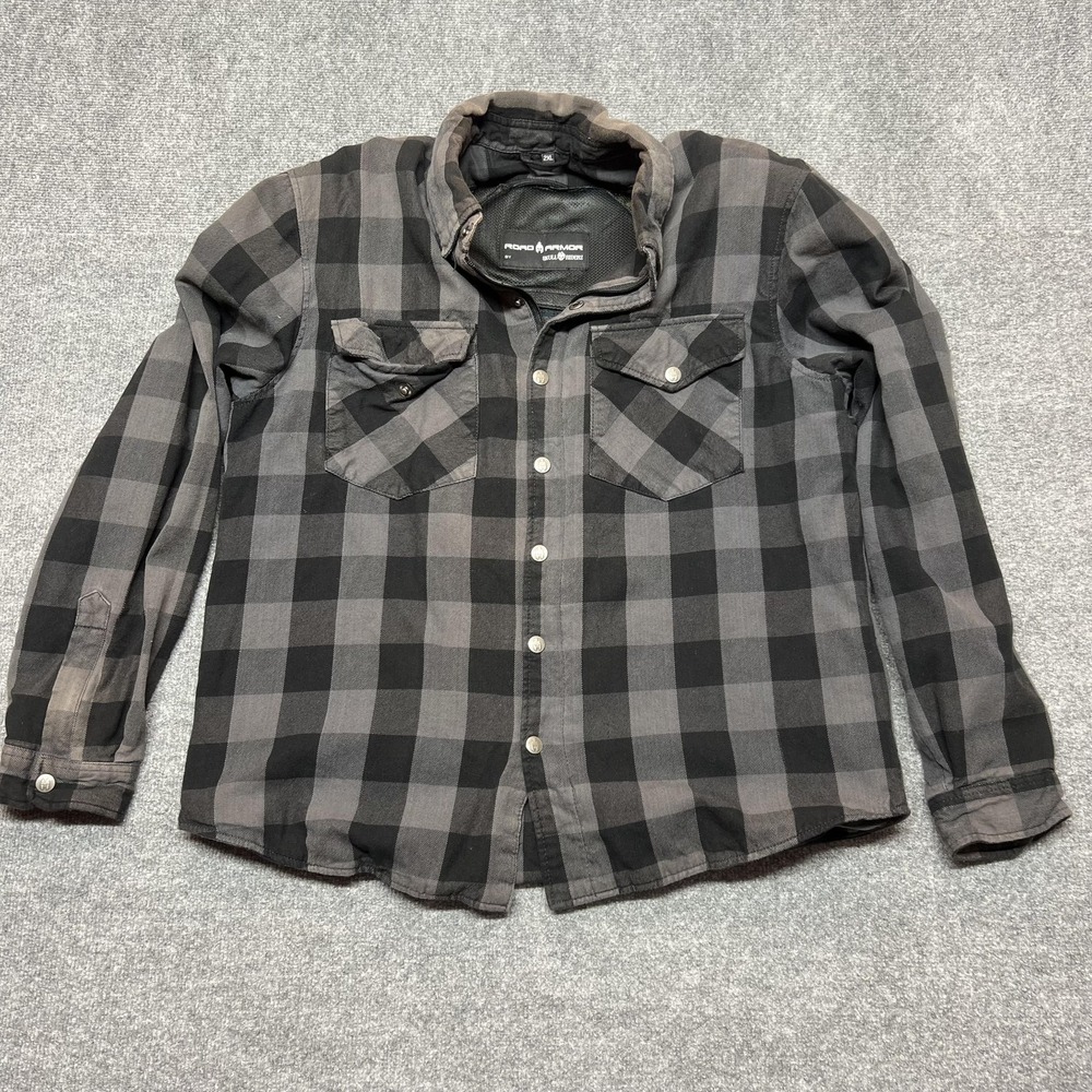 Road Armor Shirt Jacket Mens 2XL Black Gray Plaid Flannel Aramid Motorcycle